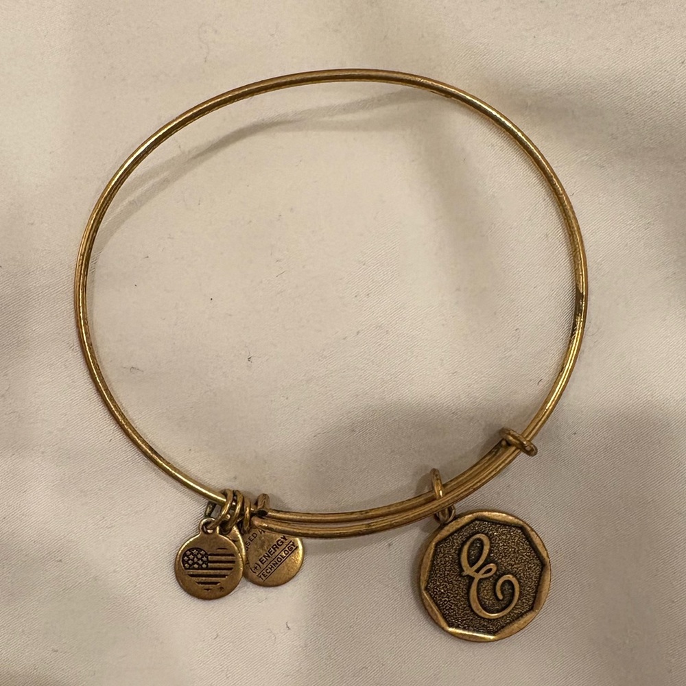 Alex and Ani Women Initial E Charm Bangle Rafaelian Gold Finish